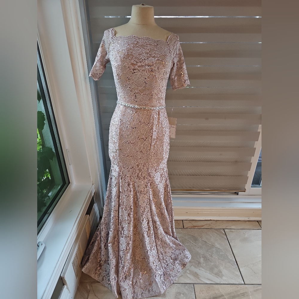 Cindy‎ Collection 1638 Half Sleeve Mermaid Dress Size Small Sandy Color